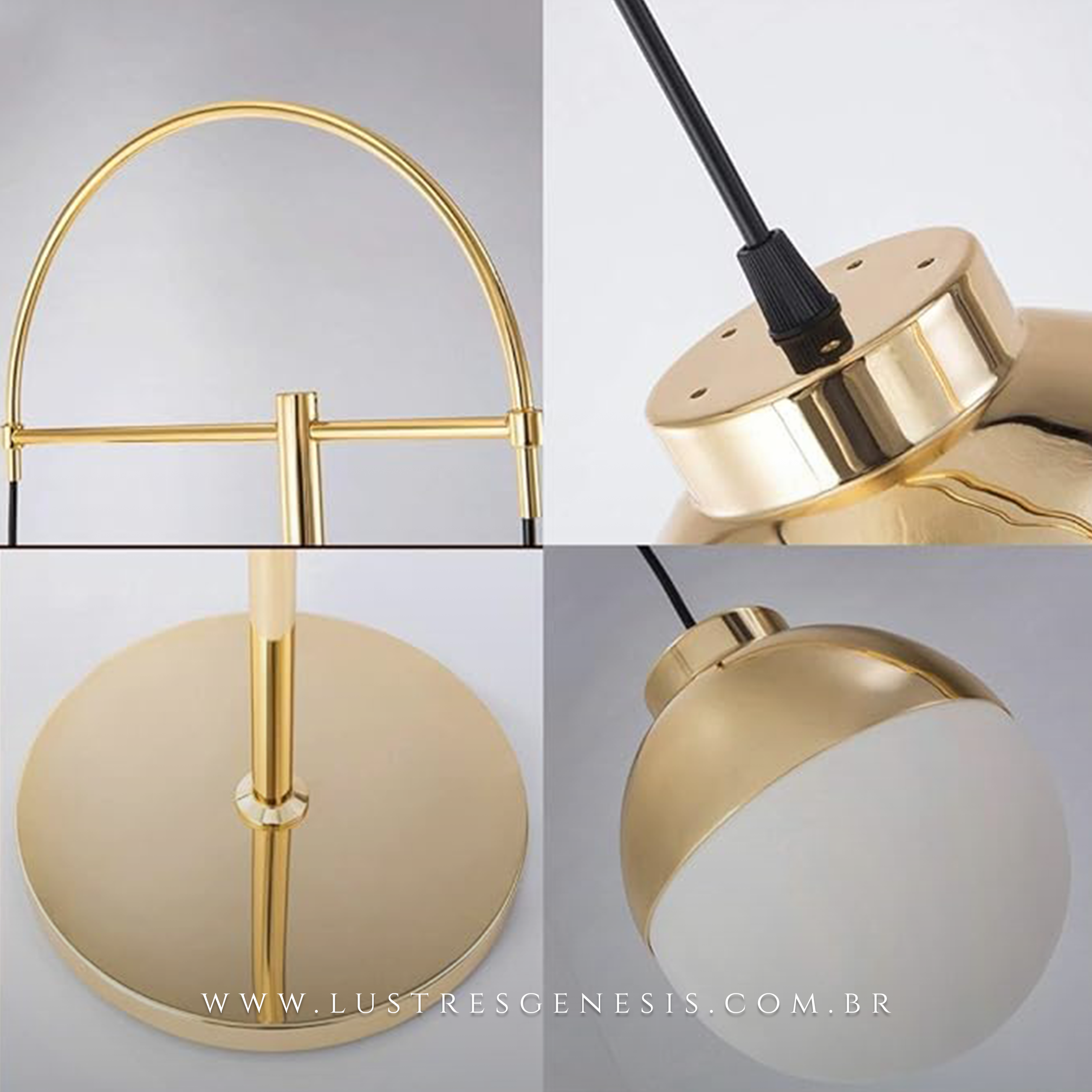 Coluna Ariccia em acabamento dourado com cúpula esférica, ideal para decoração de interiores sofisticados.